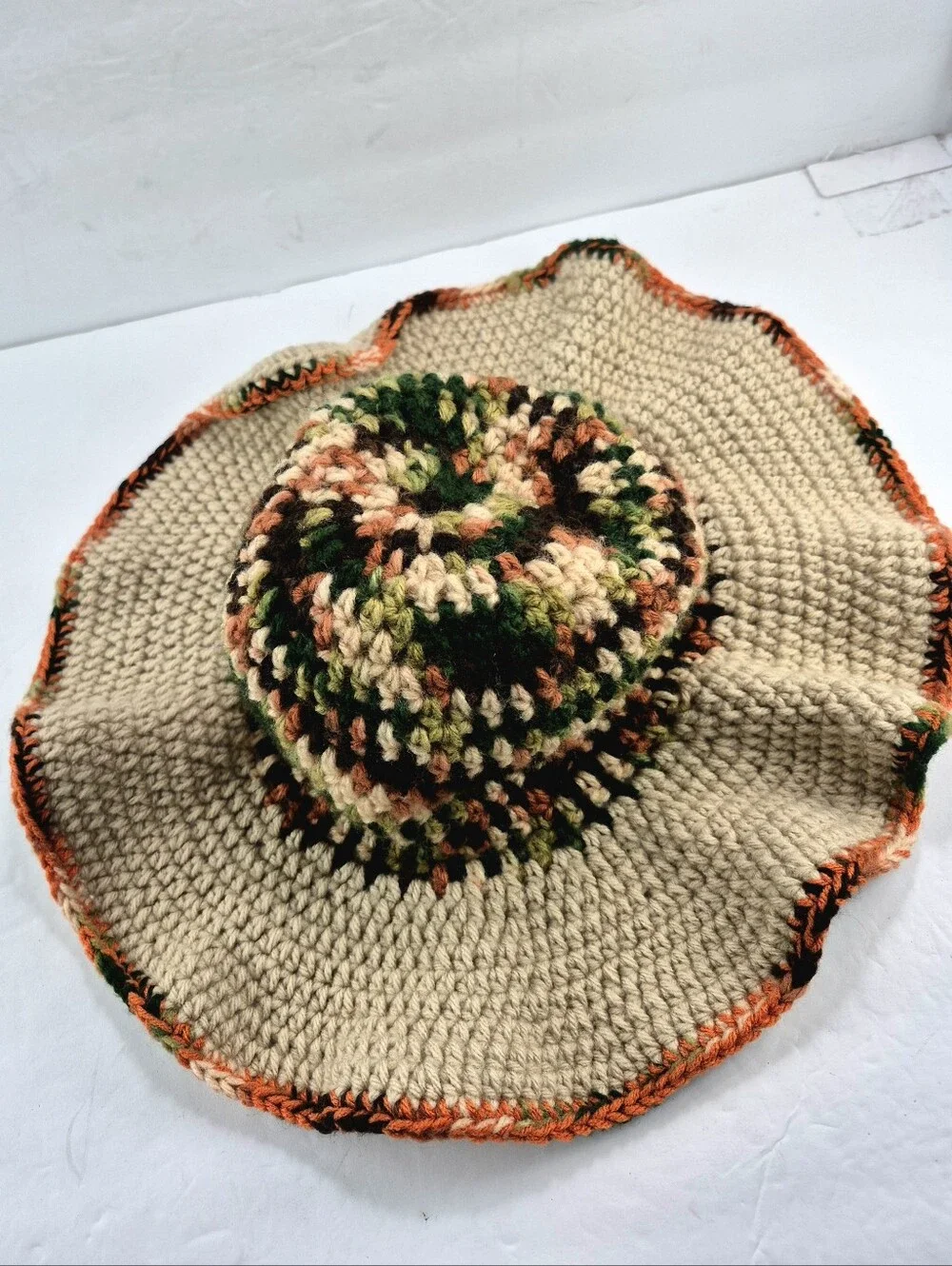 Handmade Boho Crochet Wide Brim Hat Camo Earth Tone Floppy festival Hat 70s Vibe